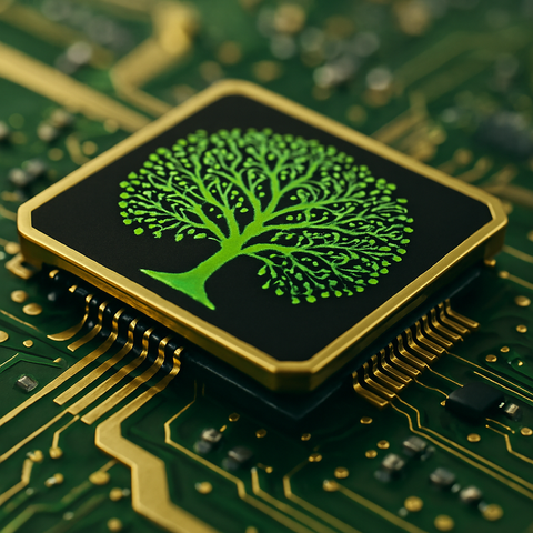 Microchip with a tree motif on a circuit board