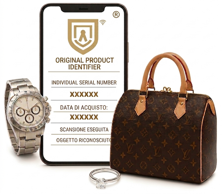 Authenticated luxury watch, handbag, ring, and OPI digital passport on a phone