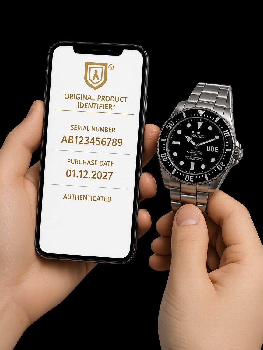 Hands holding a phone with an OPI certificate and an authenticated watch